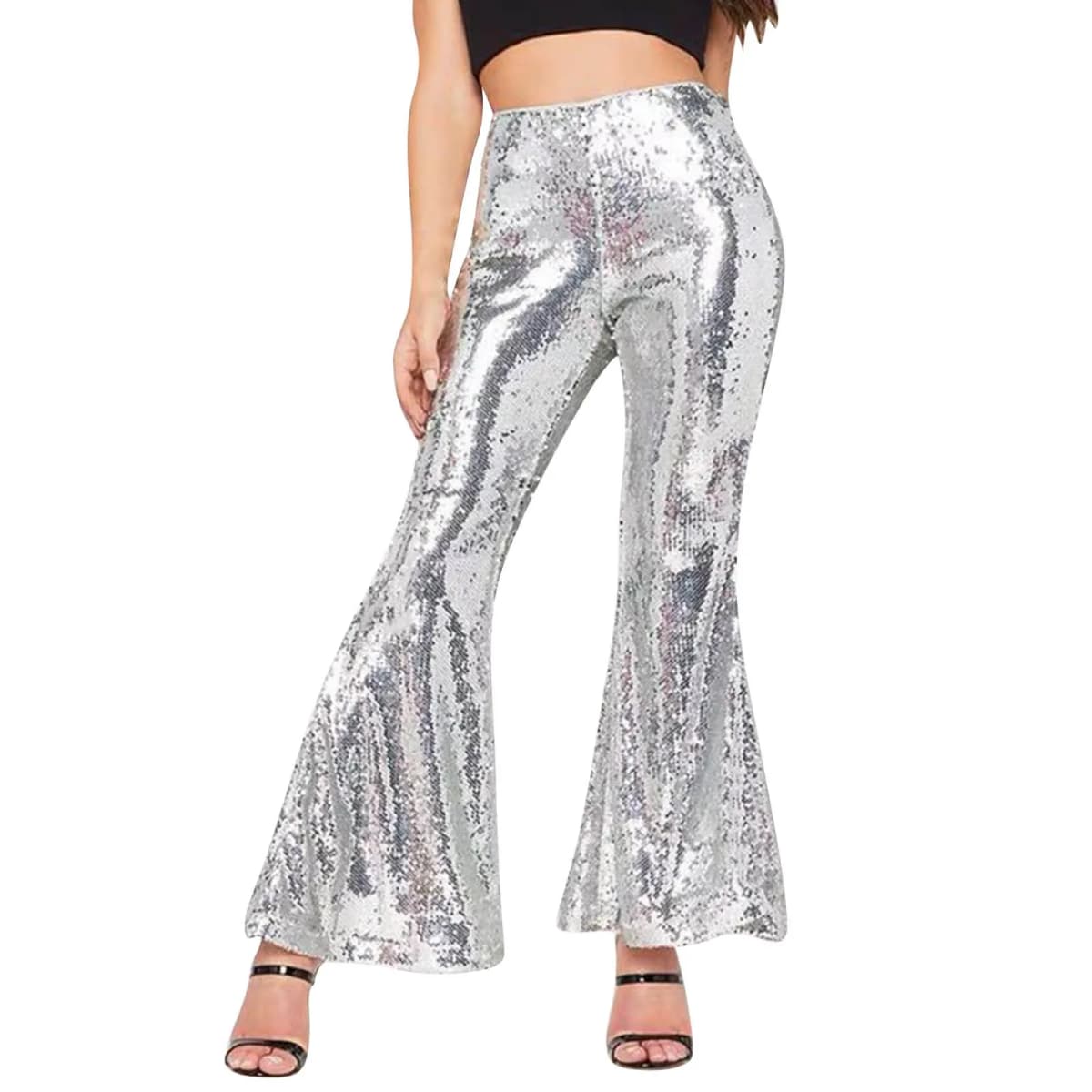 Rave Carnival Flare Pants Women's Glitter Beading Sequins High Waist Boot Cut Pants Sliver Slim Fit Stretchy Nightclub Pants