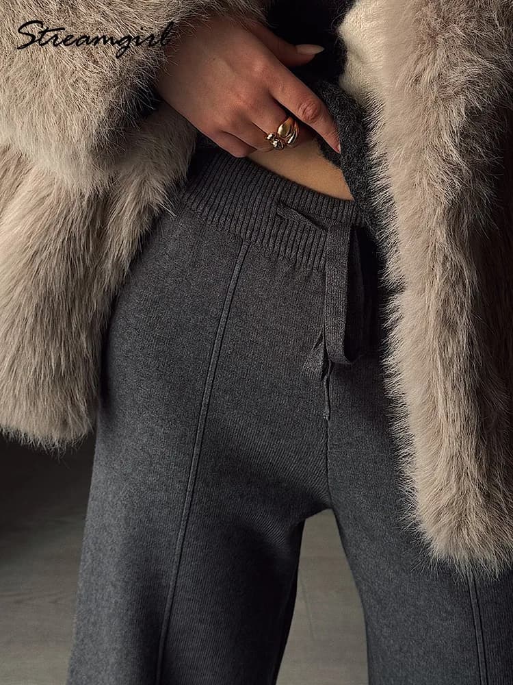 Streamgirl Brown Knitted Pants For Women Winter Spring High Waist White Straight Knitted Trousers Tall Women's Pants Wide Leg