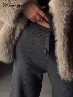 Streamgirl Brown Knitted Pants For Women Winter Spring High Waist White Straight Knitted Trousers Tall Women's Pants Wide Leg