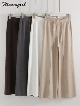 Streamgirl Brown Knitted Pants For Women Winter Spring High Waist White Straight Knitted Trousers Tall Women's Pants Wide Leg