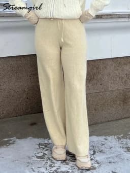 Streamgirl Brown Knitted Pants For Women Winter Spring High Waist White Straight Knitted Trousers Tall Women's Pants Wide Leg