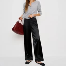 Elegant Women Y2K Satin Silk Wide Leg Long Pants Casual Elastic High Waist Solid Loose Loungewear Lace Trousers Office Wear