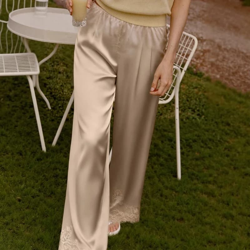 Elegant Women Y2K Satin Silk Wide Leg Long Pants Casual Elastic High Waist Solid Loose Loungewear Lace Trousers Office Wear