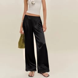 Elegant Women Y2K Satin Silk Wide Leg Long Pants Casual Elastic High Waist Solid Loose Loungewear Lace Trousers Office Wear