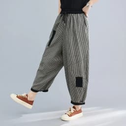 2026 Spring Korean Style Bloomers Women's Vintage Plaid Loose Ankle-length Pants Fashion Cotton Linen Casual Trousers for Women