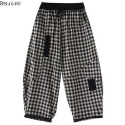 2026 Spring Korean Style Bloomers Women's Vintage Plaid Loose Ankle-length Pants Fashion Cotton Linen Casual Trousers for Women