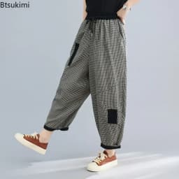 2026 Spring Korean Style Bloomers Women's Vintage Plaid Loose Ankle-length Pants Fashion Cotton Linen Casual Trousers for Women