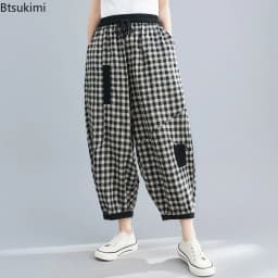 2026 Spring Korean Style Bloomers Women's Vintage Plaid Loose Ankle-length Pants Fashion Cotton Linen Casual Trousers for Women