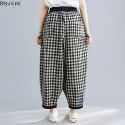 2026 Spring Korean Style Bloomers Women's Vintage Plaid Loose Ankle-length Pants Fashion Cotton Linen Casual Trousers for Women
