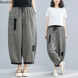 2026 Spring Korean Style Bloomers Women's Vintage Plaid Loose Ankle-length Pants Fashion Cotton Linen Casual Trousers for Women