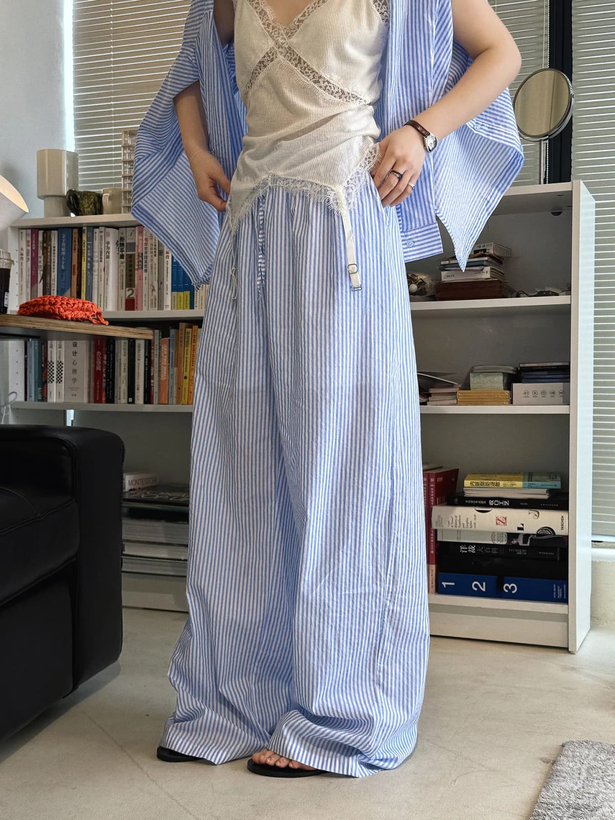 Summer Elastic Contrasting Color Drawstring Vertical Stripe Straight Leg Pants, Loose and Fresh Pants for Women