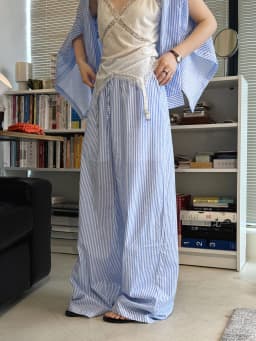 Summer Elastic Contrasting Color Drawstring Vertical Stripe Straight Leg Pants, Loose and Fresh Pants for Women