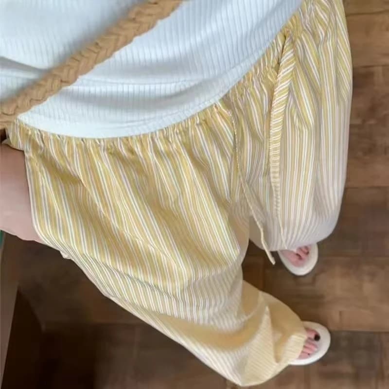 5XL Korean Striped Pockets Full Length Pants Women Spring Summer Thin High Waist Drawstring Loose Casual Straight Trousers