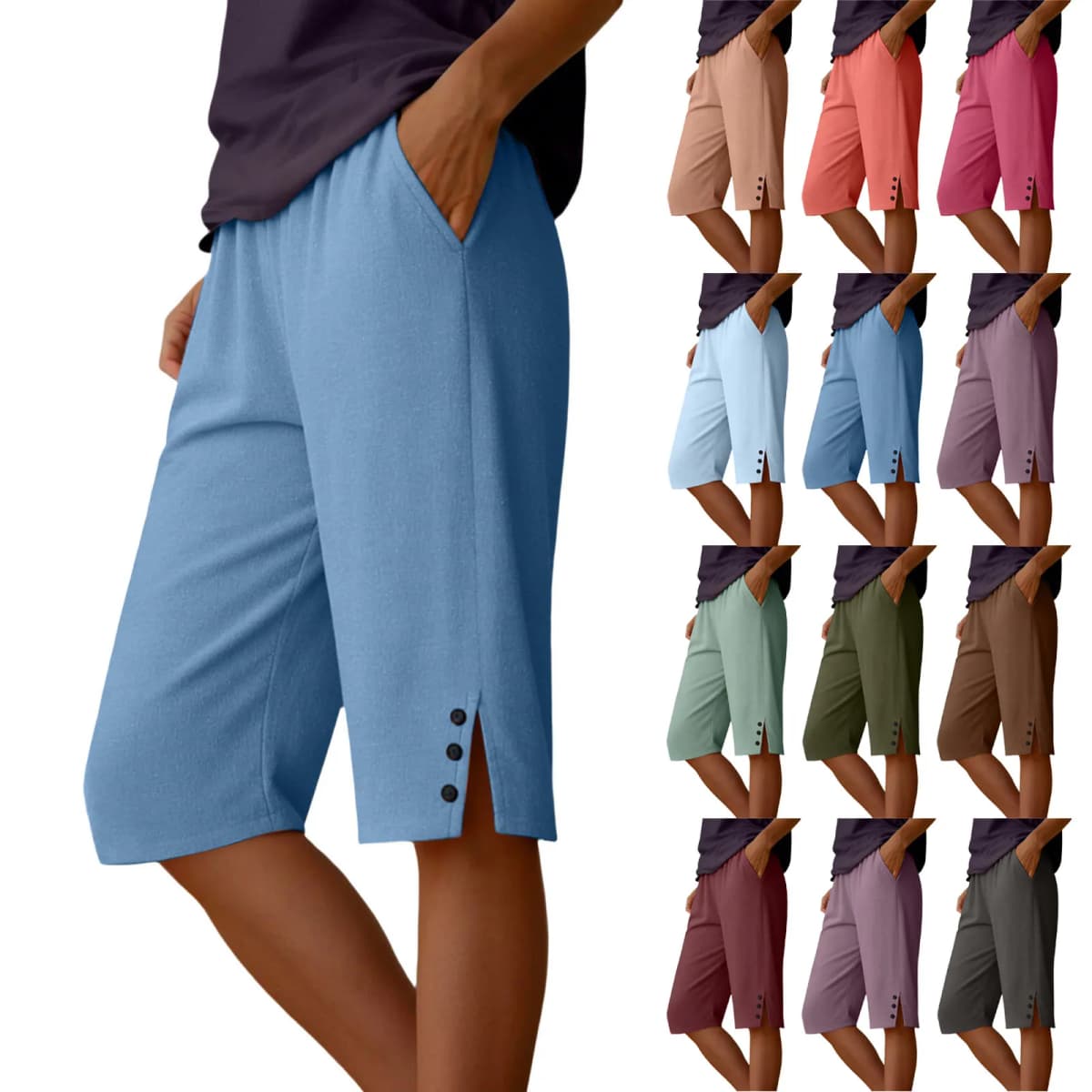 Womens Capris Pants Elastic Waist Casual Cropped Trousers Solid Color Beach Shorts Summer Knee-Length Pants With Pockets