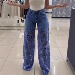 Japanese and Korean Casual Women's Pants with Lace Patchwork and Hollowed Out Jeans, Elegant Temperament, Spring New Product