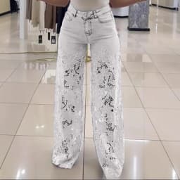 Japanese and Korean Casual Women's Pants with Lace Patchwork and Hollowed Out Jeans, Elegant Temperament, Spring New Product