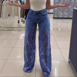 Japanese and Korean Casual Women's Pants with Lace Patchwork and Hollowed Out Jeans, Elegant Temperament, Spring New Product