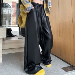 black PU leather casual pants women's autumn and winter high waist slimming straight leg  loose wide leg floor pants