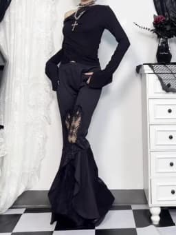 Y2K Gothic Black Velvet Lace Mesh Flare Pants Sexy Harajuku Aesthetic See Through Emo Pants Vintage Women Summer Pant Streetwear