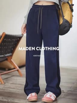 Maden Casual Loose Fleece-lined Sweatpants with Double-bar Striped Design Trousers for Women's Autumn and Winter Sports Pants