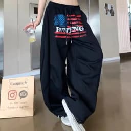 Streetwear American Flag Graphic Joggers Women Men Gray Oversized Wide Leg Sweatpants Patriotic Print Distressed Wash Y2K Style