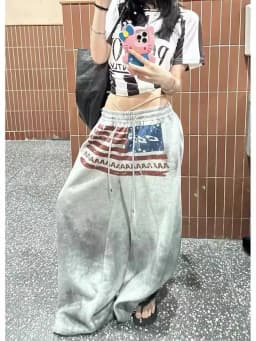Streetwear American Flag Graphic Joggers Women Men Gray Oversized Wide Leg Sweatpants Patriotic Print Distressed Wash Y2K Style