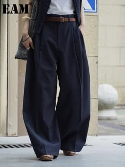 [EAM] High Waist Navy Blue Pleated Brief Long Casual Wide Leg Pants New Trousers Women Fashion Tide Spring Autumn 2026 1DJ3459