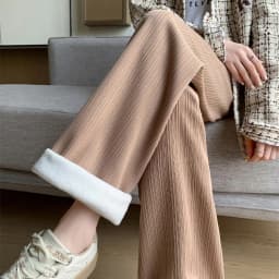 2025 Winter Fleece Lined Warm Pants Women Solid Color Wide Leg Pants Woman Comfortable Elastic High Waist Trousers Female