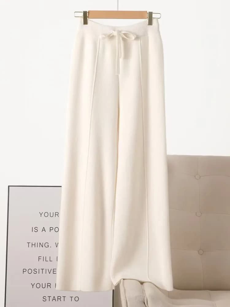 Autumn Winter Women 100% Merino Wool Wide Leg Pants Female Elastic Waist Pants New Casual Soft Warm Knit Fashion Trousers