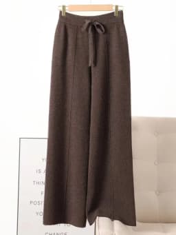 Autumn Winter Women 100% Merino Wool Wide Leg Pants Female Elastic Waist Pants New Casual Soft Warm Knit Fashion Trousers