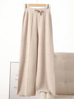 Autumn Winter Women 100% Merino Wool Wide Leg Pants Female Elastic Waist Pants New Casual Soft Warm Knit Fashion Trousers
