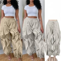 FAGADOER Casual Ruched Patchwork Lantern Sleeve Pants Women High Waist Drawstring Patchwork Pants Female Streetwear Trousers New