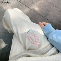 Sweet Lolita Style Corduroy Pants Women Kawaii Strawberry Cat Embroidery Chic Wide Leg Pants High Waist Sweatpants Cute Trousers