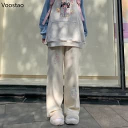 Sweet Lolita Style Corduroy Pants Women Kawaii Strawberry Cat Embroidery Chic Wide Leg Pants High Waist Sweatpants Cute Trousers