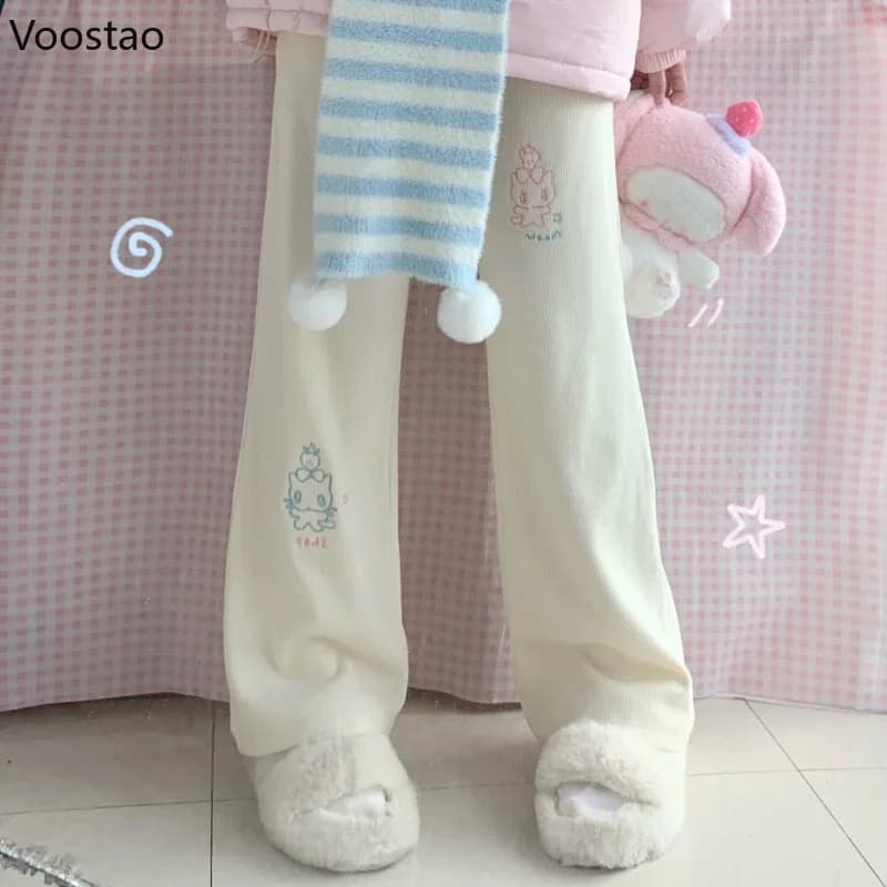 Sweet Lolita Style Corduroy Pants Women Kawaii Strawberry Cat Embroidery Chic Wide Leg Pants High Waist Sweatpants Cute Trousers
