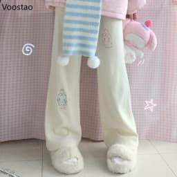 Sweet Lolita Style Corduroy Pants Women Kawaii Strawberry Cat Embroidery Chic Wide Leg Pants High Waist Sweatpants Cute Trousers