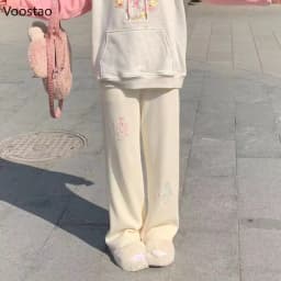 Sweet Lolita Style Corduroy Pants Women Kawaii Strawberry Cat Embroidery Chic Wide Leg Pants High Waist Sweatpants Cute Trousers