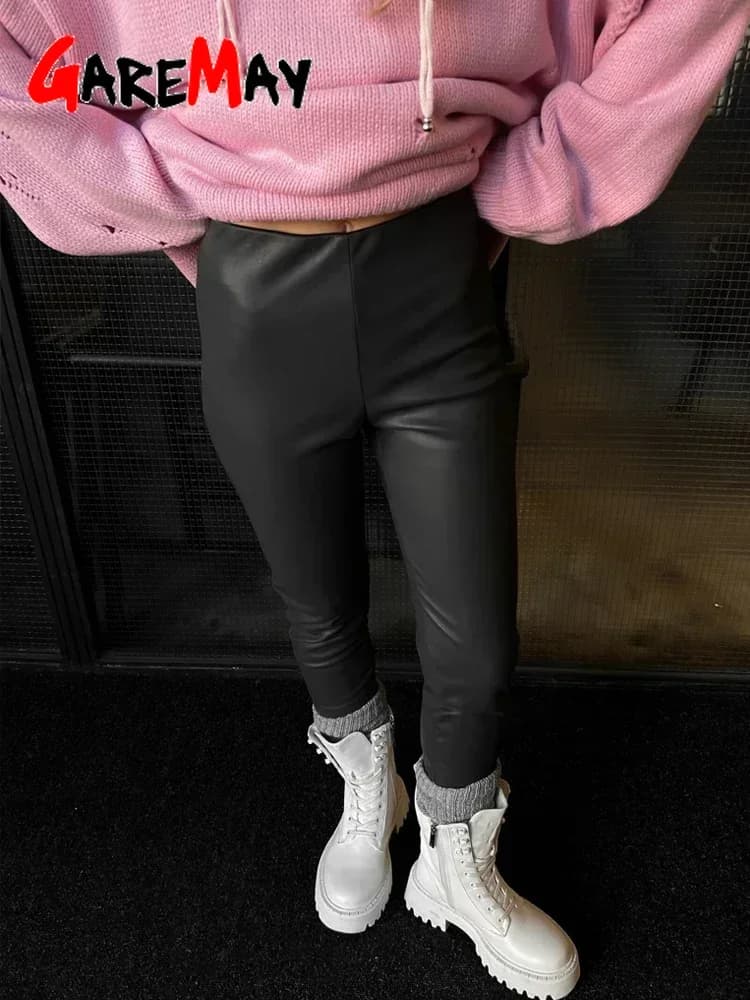 Winter Women's Leather Pants Black Slim Zipper Casual Leather Trousers Pencil Thick Brown Pu Faux Leather Pants for Women 2025