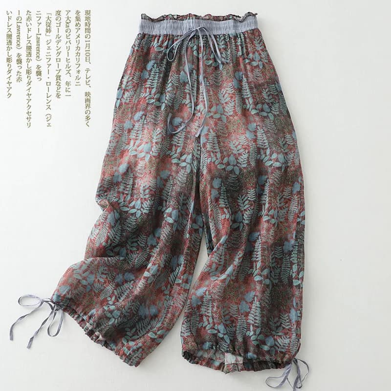 Limiguyue Vintage Floral Print Thin Ramie Pants Women Summer Elastic Waist Ankle-Length Trousers Loose Wide Legs Pants E478