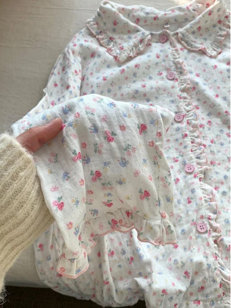 Spring Autumn 2026 Sweet Floral Print Long Sleeve Long Pants Sleepwear Women's Doll Collar Wooden Trim Open Cardigan Hom...