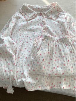 Spring Autumn 2026 Sweet Floral Print Long Sleeve Long Pants Sleepwear Women's Doll Collar Wooden Trim Open Cardigan Hom...