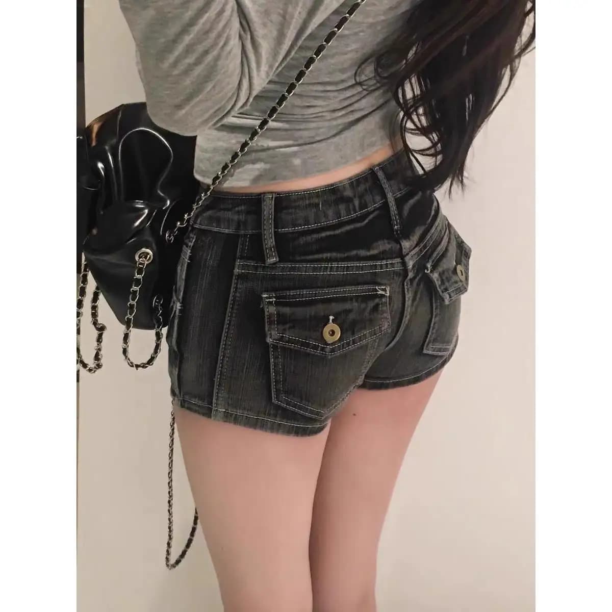 Retro American Grey Washed mid Waist Denim Shorts Women's Slimming Tightening Long Legging Butt Lifting Hot Pants Casual Pants