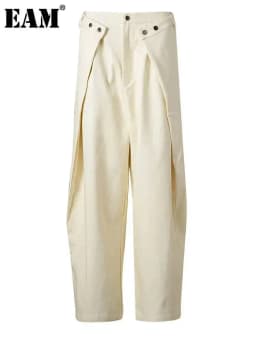 EAM High Waist Black Button Irregular Spliced Long Wide Leg Pants New Trousers Women Fashion Tide Spring Autumn 2026 CPG2744