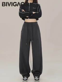 BIVIGAOS New American Style Sports Pants Women Autumn Winter High Waist Straight Wide Leg Pants Cotton Casual Gray Sweatpants