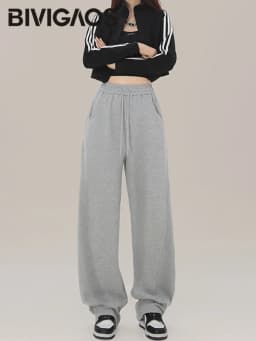 BIVIGAOS New American Style Sports Pants Women Autumn Winter High Waist Straight Wide Leg Pants Cotton Casual Gray Sweatpants