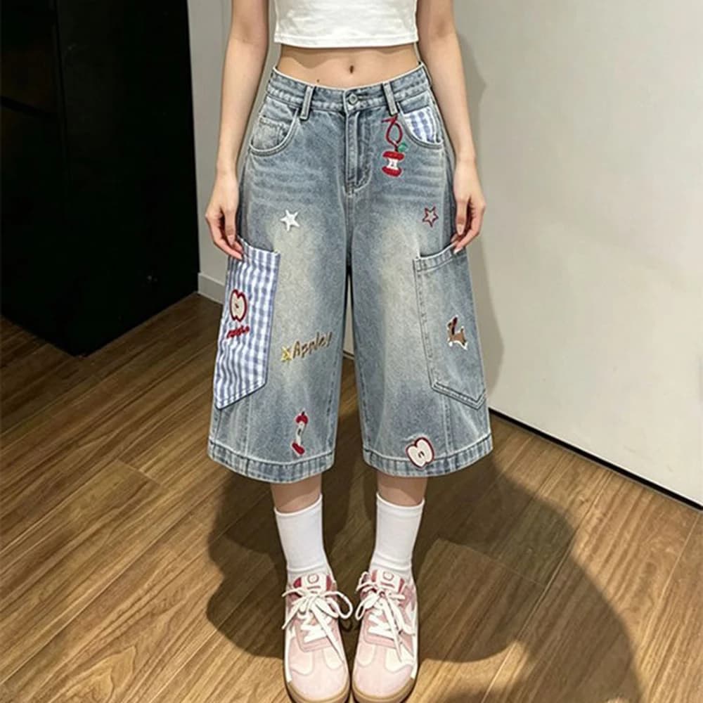 Apple plaid embroidered seven-point jeans women's summer thin lazy wide-leg straight tooling shorts trendy middle pants