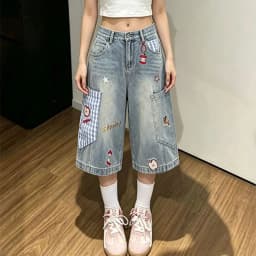 Apple plaid embroidered seven-point jeans women's summer thin lazy wide-leg straight tooling shorts trendy middle pants