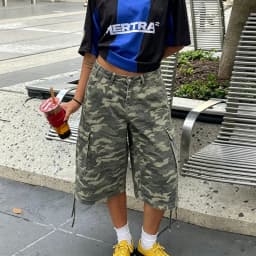American Retro Cargo Bermuda Shorts Loose Knee Length Denim Shorts with Drawstring Y2K Aesthetic Grunge Streetwear Women Jorts