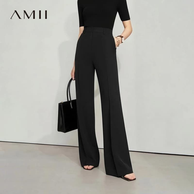 Amii Women's Flared Pants 2026 Summer New Pin Tuck Casual Trousers With Flowy Drape Simple Office Long Pants For Women 12612019