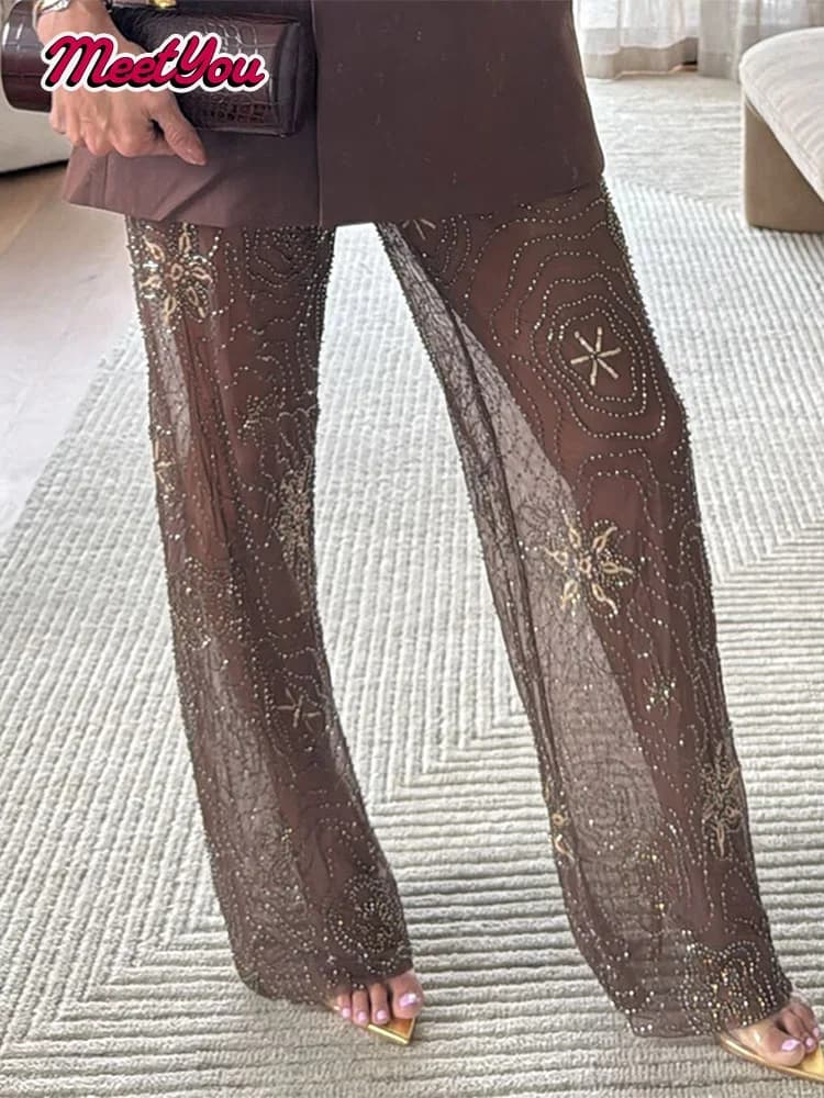 Brown Shiny Fashion See Through Street Trousers Summer Loose Beading Wide Leg Pants Women 2025 New Lady Mesh Outerwear